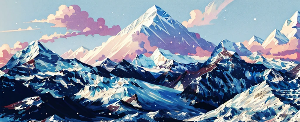 ((high resolution: 1.1))Himalayas，Snowy，The sky is magnificent。Wide panorama，high resolution、High Definition，Cool colors，Flat Wind，Minimalist illustration，Vector。