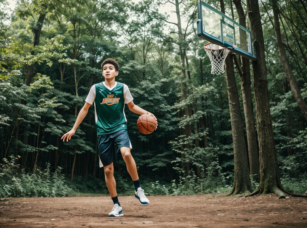 A boy playing basketball in forest