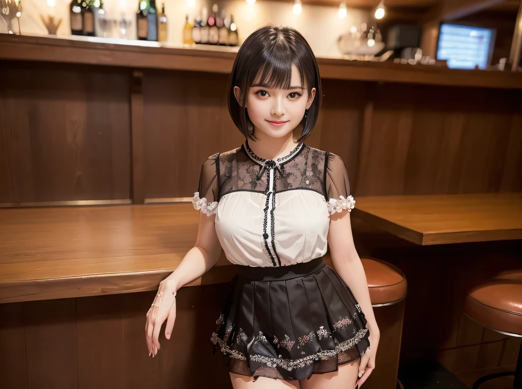(Highest quality, masterpiece, Ultra-high resolution, 8K, RAW Photos, Realistic, Anatomically correct:1.5), 20-year-old girl:1.2, Embarrassing, avert your eyes, blush:1.0, View Viewer, ((Bar Lounge)) 、Night view、 Light:1.2, Bokeh, Cinema Lighting:1.0, Depth of written boundary, sharp、 Cute face、Idol、Black short sleeve lace top、Black pleated skirt、Black clothing、”dwarf”、(Floral clothes)、(Full Body Shot)、Side angle、Cowboy Shot、 smile、(Ultra short hair)、(Short bob cut)、(Straight bangs)、((See-through))、(( One Girl))、Large Breasts、