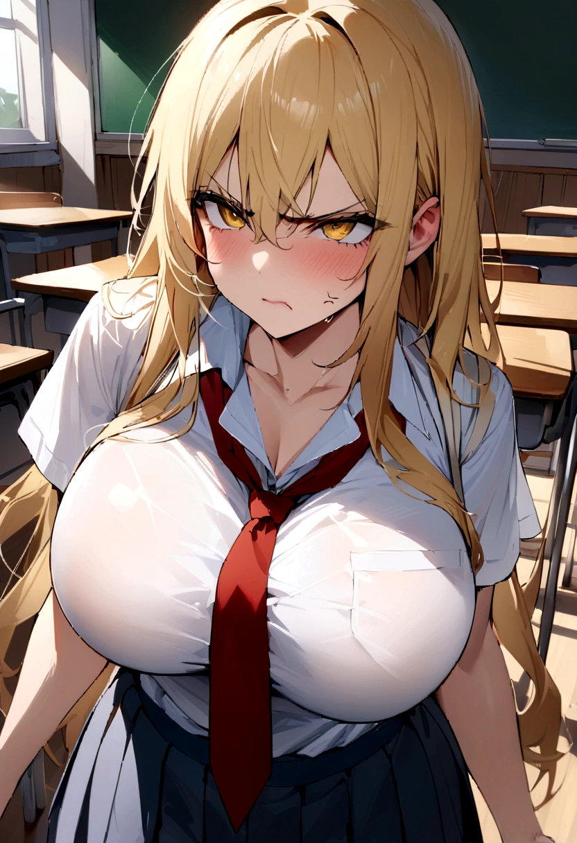masterpiece、Highest quality、Best image quality、High resolution、Big Breasts、、School-Uniform、Red tie、Summer clothes、Blonde、Yellow Eyes、Long Hair、In the classroom、Angry、An empty classroom