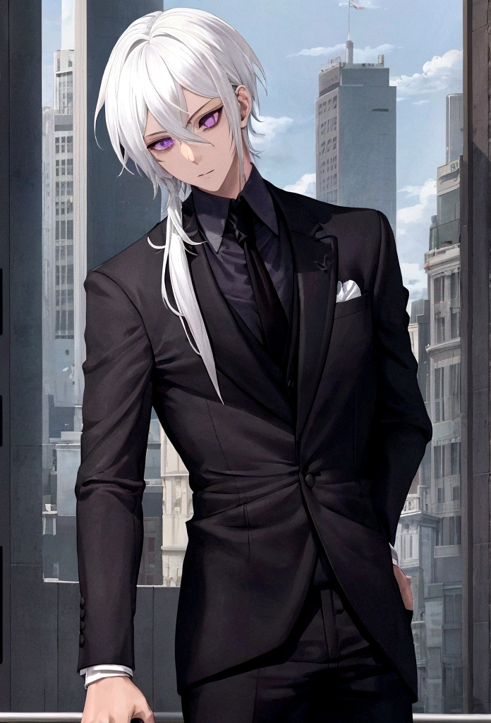 1 boy, Neck length white hair, dark purple eyes, Wearing an all black suit, top of building, high resolution, extra sharp, 8K, Masterpiece, Look at the audience from behind