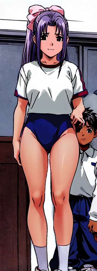 Momoko Koigakubo, a tall girl with beautiful legs, is standing there smiling in her white gym clothes and light navy blue bloomers that look like panties.。In front of Momoko, standing next to her, is a first grade boy wearing a tracksuit with a big smile on his face, and Momoko is holding him.。