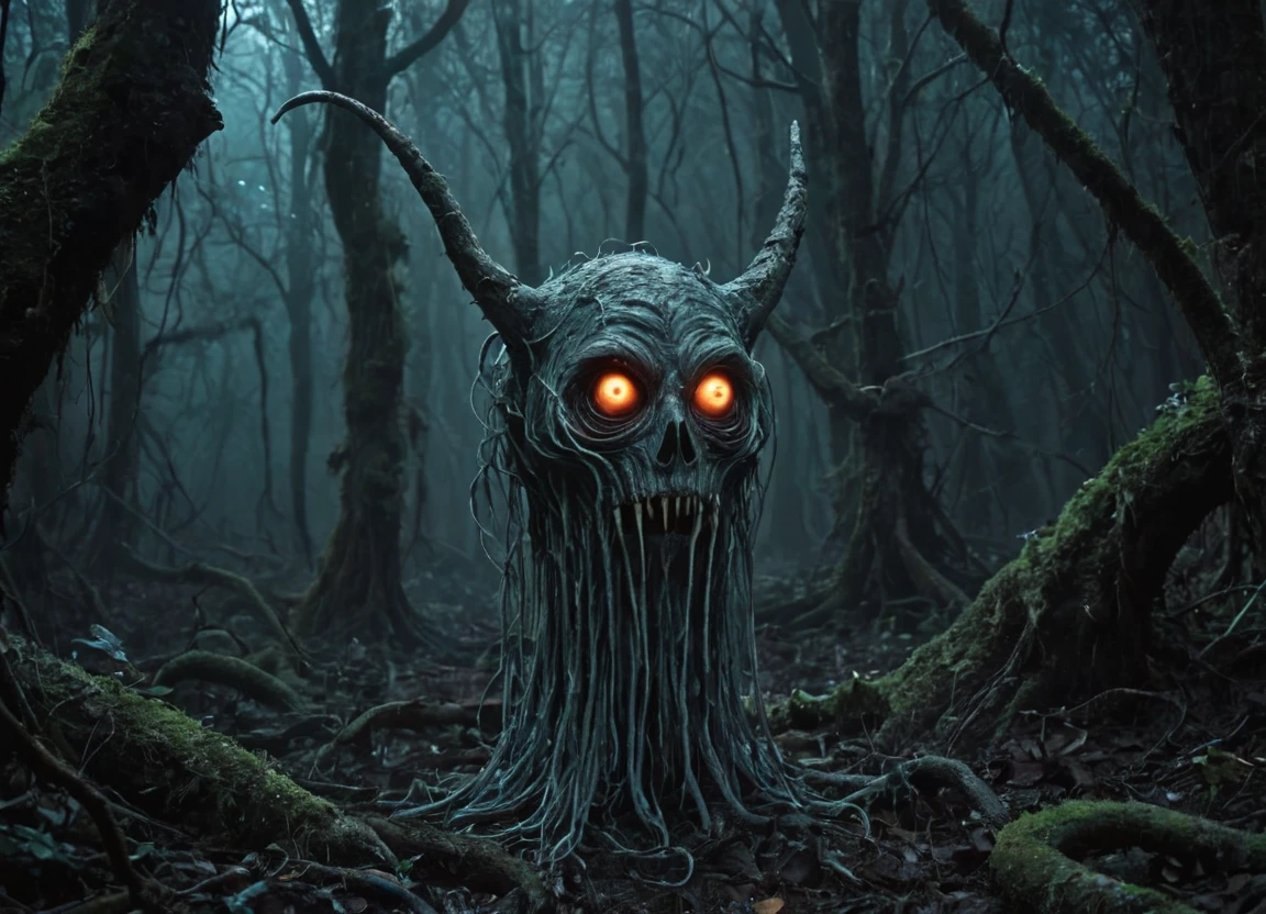 (A  wearing a monster mask that covers the upper half of his face:1.3) protrude from the earth on hyphae stalks like umbilical cords, crying tears from their oversized round eyes as they try to reach the light. They are draped in a web of fleshy fungal threads They are mottled, a sickly bioluminescent grey. Dark and ancient forest. Horrific, dread, terrifying, spooky, unease, rich vivid colors, ambient background, stunning, cinematic, dynamic, detailed, elegant, intricate, magical, epic, singular, illuminated, amazing, creative, perfect, breathtaking, dramatic, artistic, surreal, fantastic, incredible detail