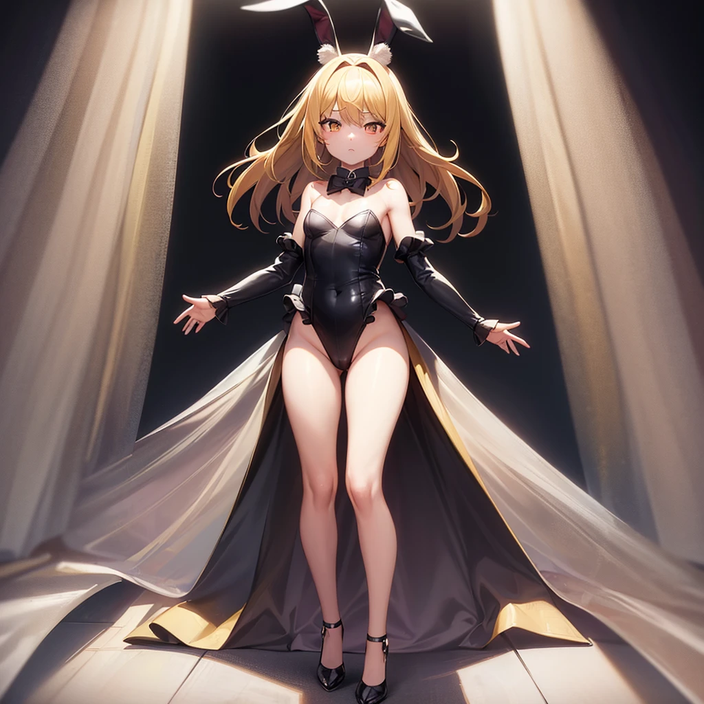 (Bunny girl),((Luxurious)),Revealing clothing,(In a naughty way),Cute little ,Tiny ,Small girl,,Childish face, Very fine clean face,Top quality, Big eyes,Straight Hair,Yellow hair,Crimson Eye,(Dark Room), Subtle light, Natural light,Soft lighting,Light from directly behind, (Are standing), Cute pose, (Open your hands), Showing the whole body,Front view,Black background