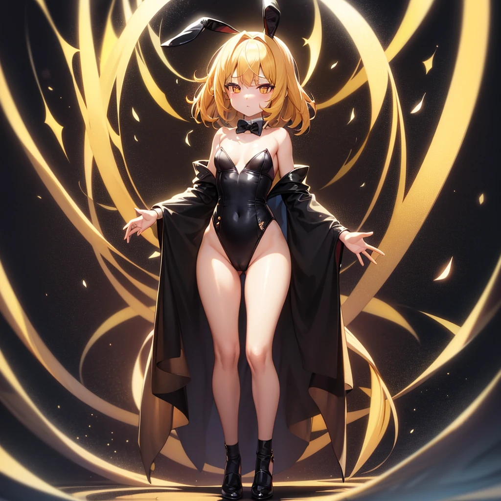 (Bunny girl),((Luxurious)),Revealing clothing,(In a naughty way),Cute ,Tiny ,Small ,Childish face, Very fine clean face,Top quality, Big eyes,Straight Hair,Yellow hair,Crimson Eye,(Dark Room), Subtle light, Natural light,Soft lighting,Light from directly behind, (Are standing), Cute pose, (Open your hands), Showing the whole body,Front view,Black background