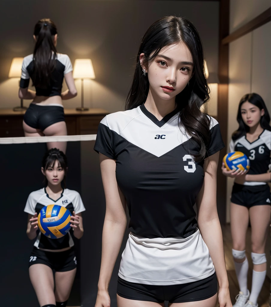 absurdres, RAW photo, extremely delicate and beautiful, masterpiece, Best Quality, ultra high resolution, 32k, hyperrealistic, ultra-detailed, Very detailed CG 8k wallpaper, Beautiful Lighting, Perfect Lightning, Realistic Shadows, (perfect anatomy:1.2), super Detailed skin, perfect figure, Japanese woman, late 20s, very Slim body, narrow waist, very small head, handsome detailed woman, very detailed eyes and face, realistic face proportions, Stunning detailed eyes, Realistic beautiful face, very small face, Realistic small beautiful eyes, tearful mole, earring, (very huge round breasts:1.2), full body shot, medium hair, black hair, (volleyball Jersey:1.4), (shorts:1.2), (3 girls:1.6), sleeveless,