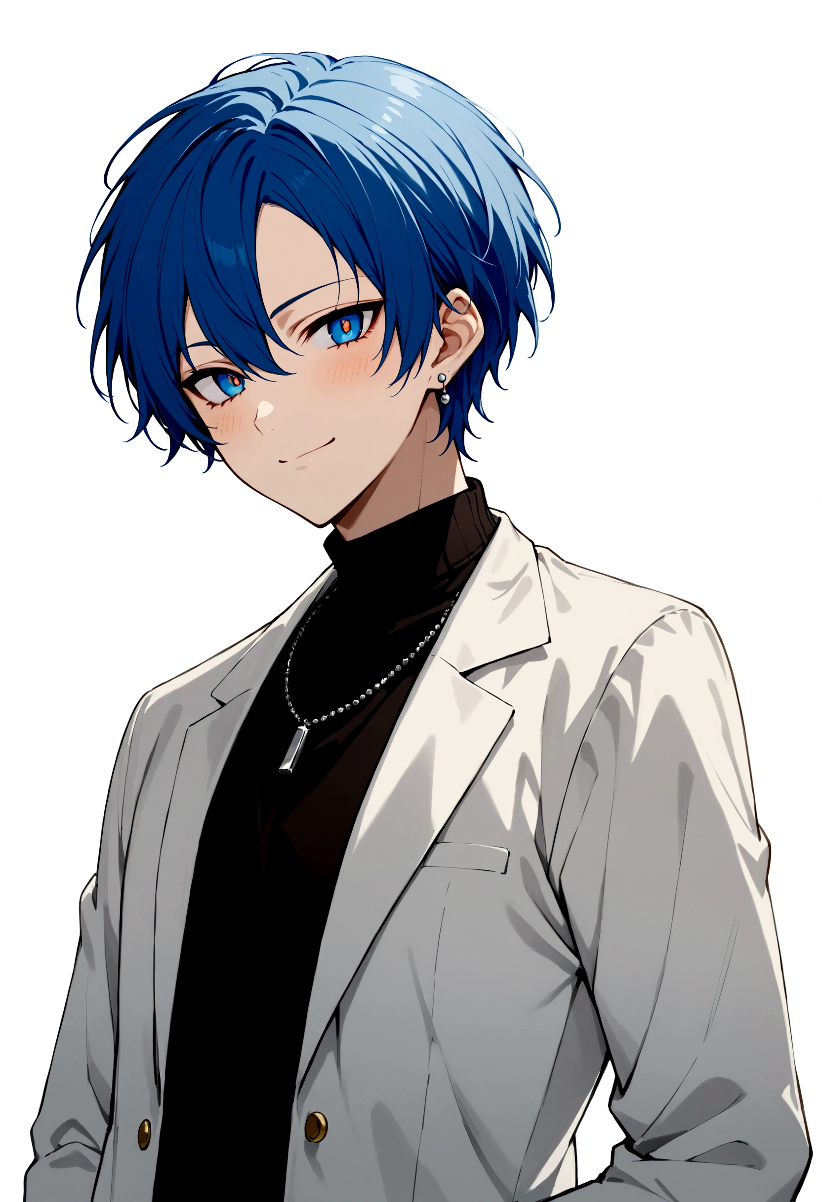 アップバhmmグ、Streaming portrait、solo、Only one person、male、30 years old、front、View center、frontから、front、グレーのJacket、smile、Long earrings、イケメhmm、youth、イケメhmm、male、male性、Short Hair(masterpiece, best quality:1.2), 30 years old、White background、male性、Rin々Shii、Sharp eyes、、Black turtleneck、Black clothes、Blue Hair、blue eyes、whole body、White background、male性、Short Hair、front向き、hmm、Jacket、カーゴパhmmツfront向き、male、ネックレスmaleらShii服装、Silver necklace、