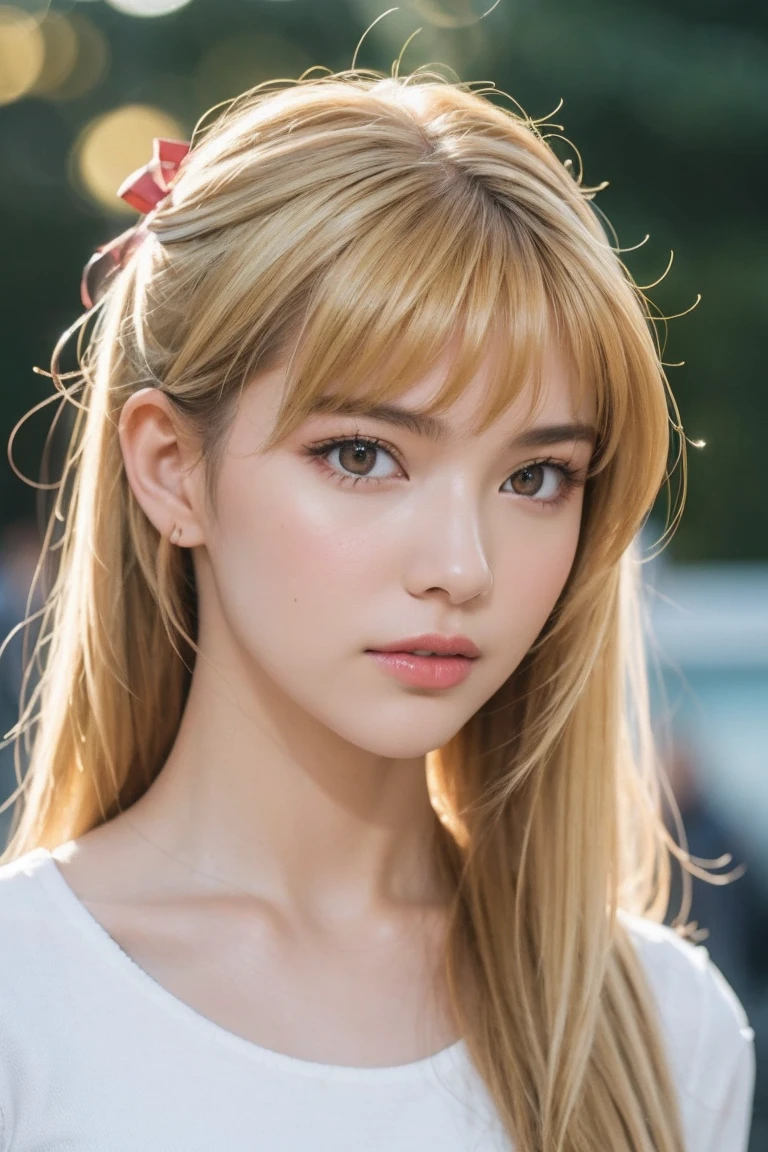 rui satome,(Best quality,4K,8K, yes,A high resolution,Masterpiece:1.2),Ultra-detailed,(Realistic,Photorealistic,photo-realistic:1.37),Illuminated, ,独奏,1 girl,long hair ,blonde hair，portrait,Put your hands behind your back，twintail,sawachika eri, twintails, long hair, blonde hair, medium breasts, brown eyes, hair ribbon