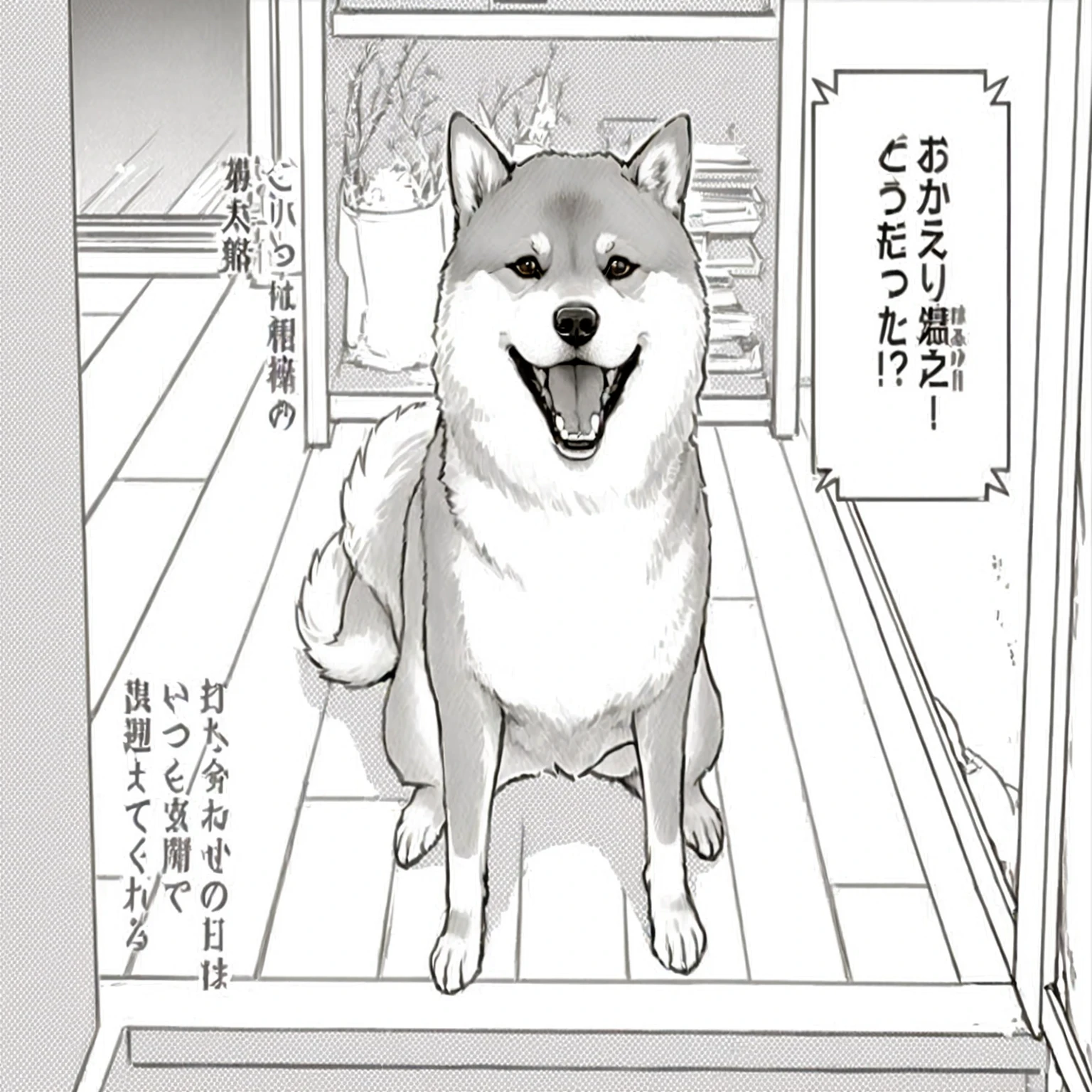 冷蔵庫の前の床に座っているanimeの犬, anthropomorphic Shiba Inu, shibu inu, Beasts, Japanese Dog, Shiba Inu, Doujinshi, Shiba Inu dog, Shiba Inu holding a baseball bat, by Kaigetsudō Ando, anime, manga scans