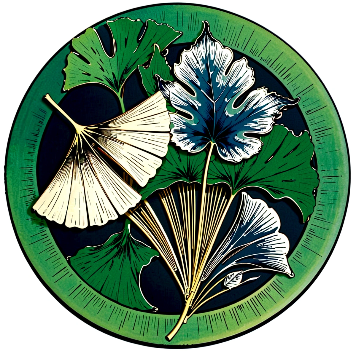 kamon,an indigo-green circle with a leaf pattern in the middle showing 3 equally large gingko leaves growing towards each other, between which Japanese finger waves reach into the gaps, inspired by Masamitsu Ōta, inspired by Katsushika Ōi, intricate art deco leaf designs, inspired by Shūbun Tenshō, inspiriert von Ogata Kōrin, inspired by Ogata Gekkō, inspired by ernst häckel