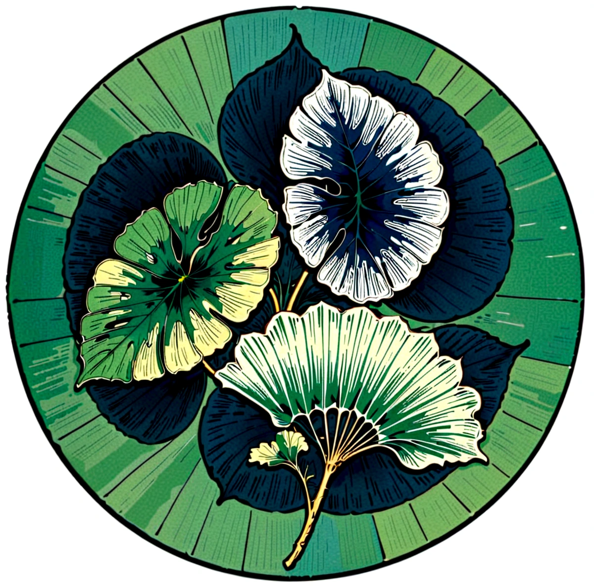 kamon,an indigo-green circle with a leaf pattern in the middle showing 3 equally large gingko leaves growing towards each other, between which Japanese finger waves reach into the gaps, inspired by Masamitsu Ōta, inspired by Katsushika Ōi, intricate art deco leaf designs, inspired by Shūbun Tenshō, inspiriert von Ogata Kōrin, inspired by Ogata Gekkō, inspired by ernst häckel