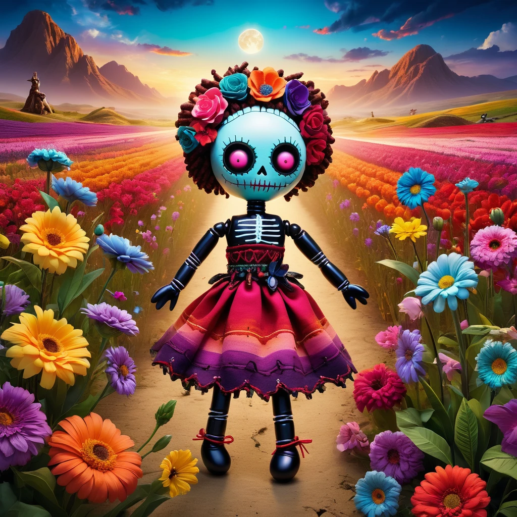 (knitted toy voodoo doll:1.5), (Voodoo Doll on the Planet of Flowers:1.3), (Clothing: floral attire with blooming patterns:1.0), (Accessories: enchanted flower staff emitting vibrant light, floating flower petals:1.1), (background: alien landscape with giant flowers, colorful fields, and a sky full of blossoms:1.2), best quality, masterpiece, detailed soft oil painting, detailed background, dramatic cinematic lighting, soft edge lighting, professional, dramatic lighting, hard edge lighting, ultra quality, 4k,masterpiece, best quality, 8k, ultra highres, highres, extremely detailed