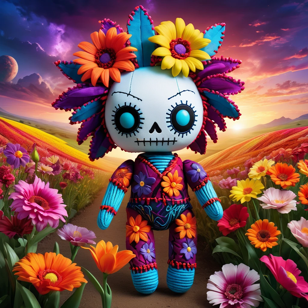 (knitted toy voodoo doll:1.5), (Voodoo Doll on the Planet of Flowers:1.3), (Clothing: floral attire with blooming patterns:1.0), (Accessories: enchanted flower staff emitting vibrant light, floating flower petals:1.1), (background: alien landscape with giant flowers, colorful fields, and a sky full of blossoms:1.2), best quality, masterpiece, detailed soft oil painting, detailed background, dramatic cinematic lighting, soft edge lighting, professional, dramatic lighting, hard edge lighting, ultra quality, 4k,masterpiece, best quality, 8k, ultra highres, highres, extremely detailed