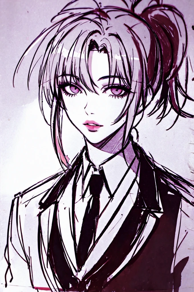 1 girl, villain, big anime cat eyes, bangs, Dull bangs, ponytail hair cut, closed mouth, lips, looking at the viewer, portrait, ponytail hair, sketch, solo, black formal uniform with a turtleneck shirt, portrait， 18 years old 