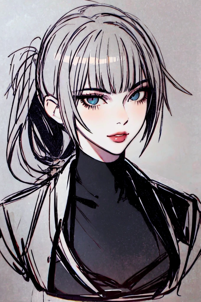 1 girl, villain, big anime cat eyes, bangs, Dull bangs, ponytail hair cut, closed mouth, lips, looking at the viewer, portrait, ponytail hair, sketch, solo, black formal uniform with a turtleneck shirt, portrait， 18 years old 