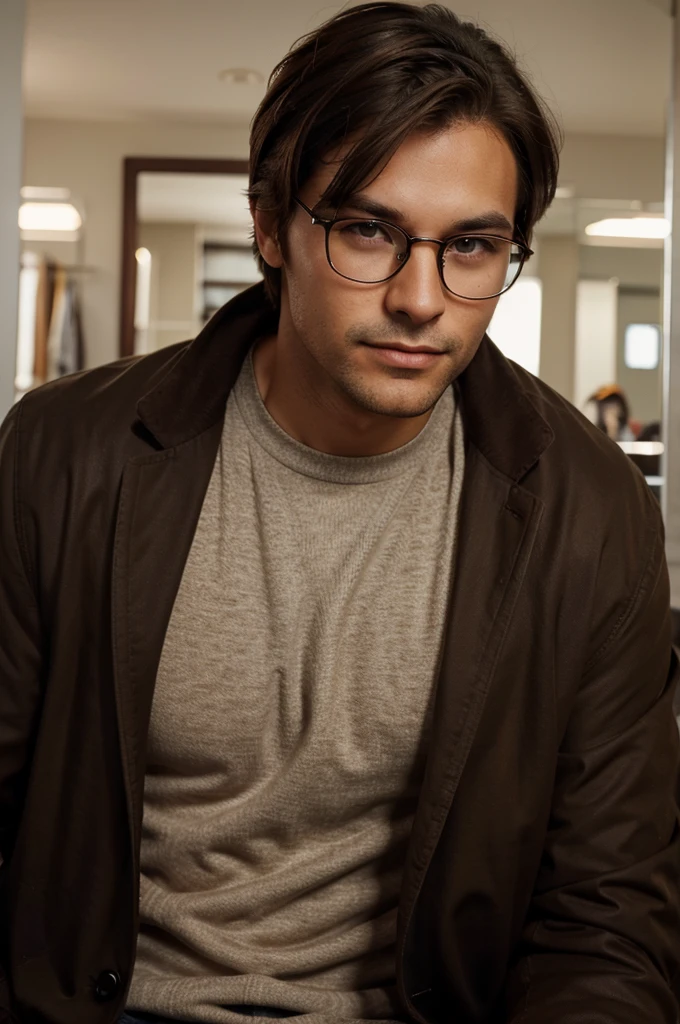 male characteristics - Dark brown hair - Hazel colored eyes - Using browline frame glasses - Crewneck + jacket