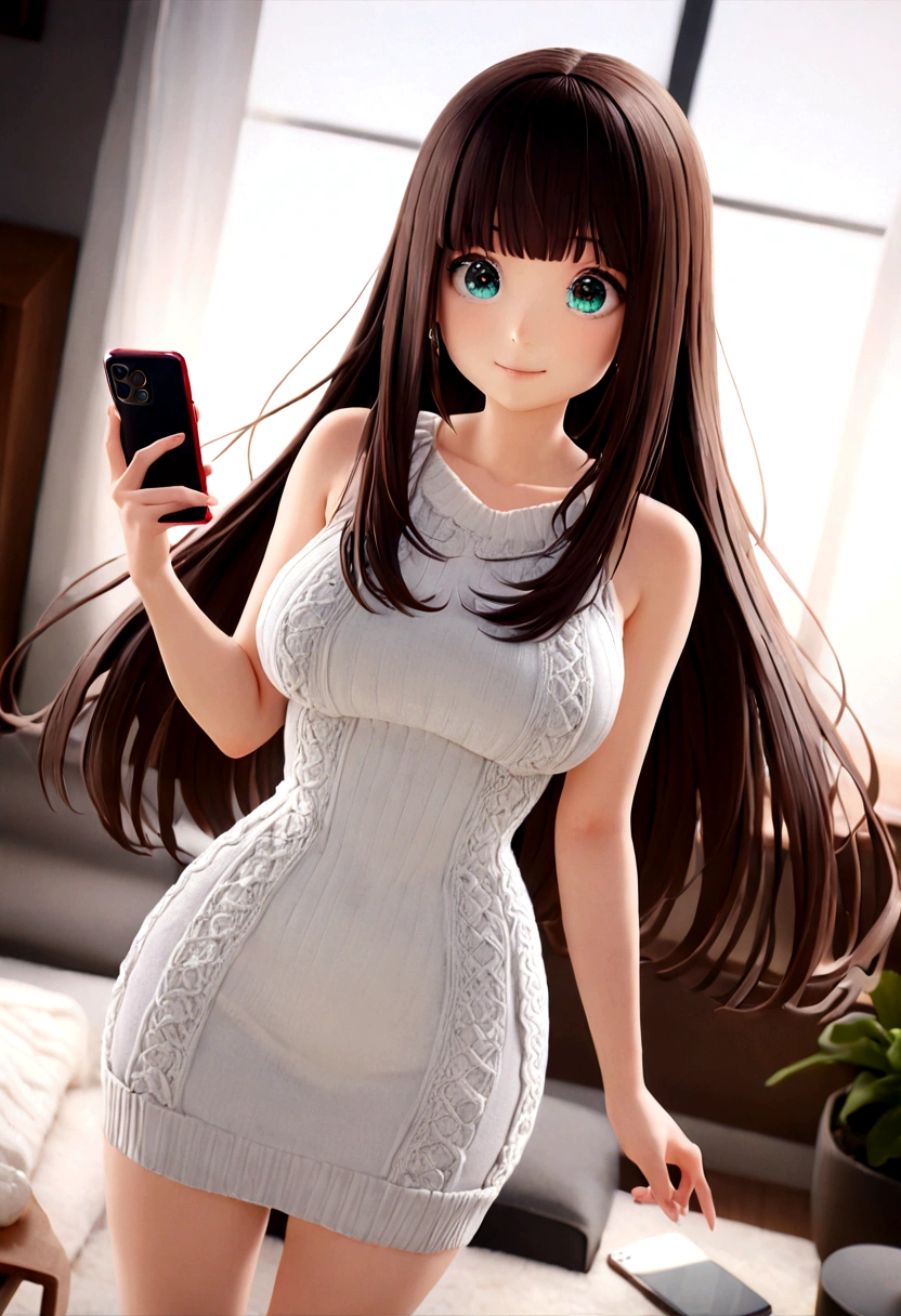 ((1girl)), super fine illustration, vibrant colors, absurdres extremely detailed CG, 8k wallpaper, (masterpiece:1.3), dynamic angle, dynamic pose,
best quality, depth of field, cinematic lighting, ultra detailed, brown long hair, very straight hair, large breast, white knit dress , 20yo, cute, kawaii, smile, droopy eyes, arms at sides, smartphone, modern living room, The screen of the smartphone in his hand is facing towards me