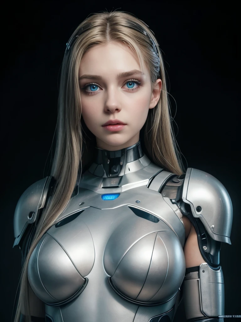 a highly detailed cyborg girl, 1 girl, photorealistic, 8k, hyperrealistic, realistic, extremely detailed, beautiful detailed eyes, beautiful detailed lips, extremely detailed face, long eyelashes, android face (metal), steel and titanium leather, robotic face (with human features), cybernetic eyes (hard circle eyes, clear pupils), perfect hands (5 fingers), wig (fake hair), large breasts, bionic armor, full length, full body, masterpiece