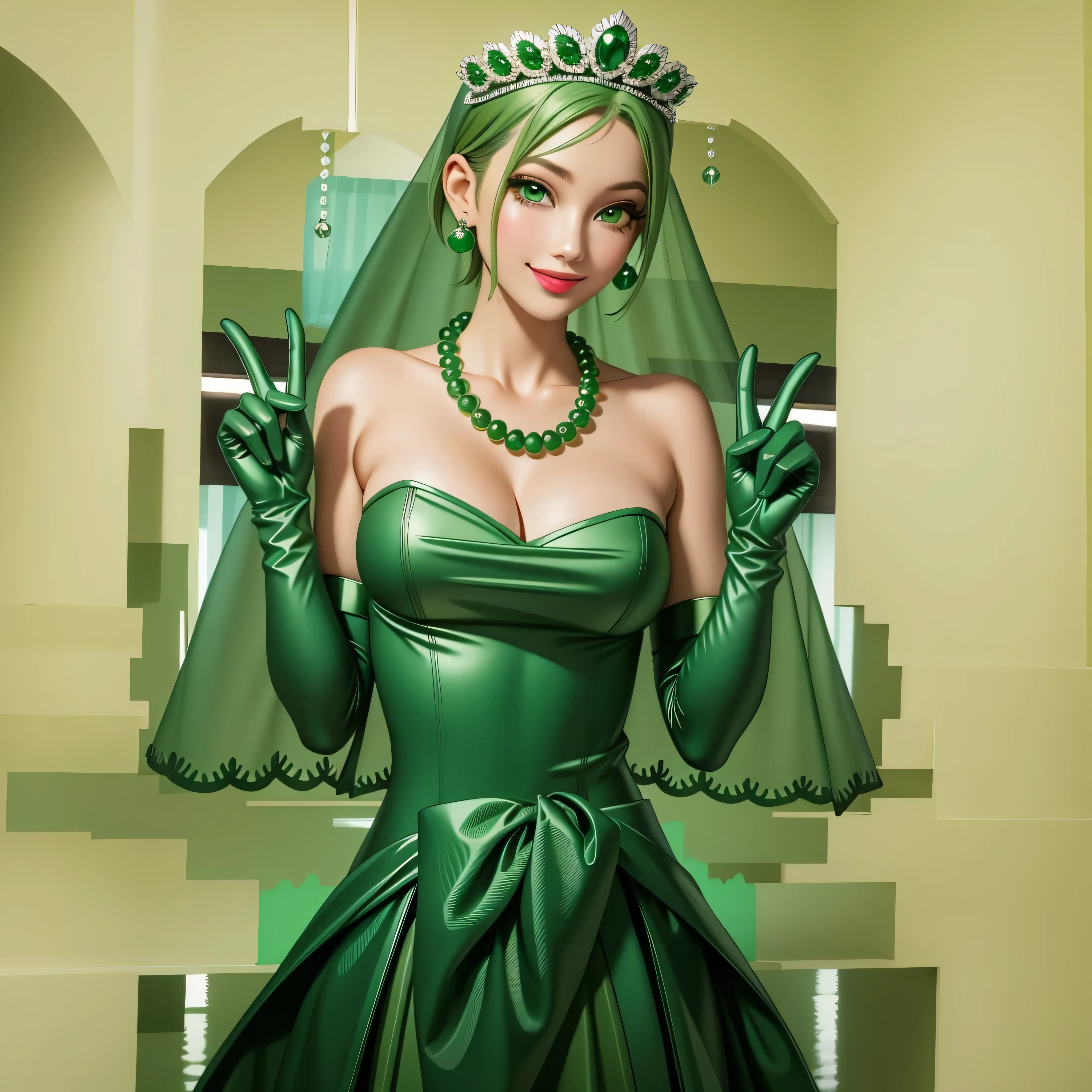 emerald tiara, Green Pearl Necklace, Boyish very short green hair, Green Lips, Smiling Japanese woman, Very short hair, Busty beautiful lady, Green Eyes, Green satin long gloves, Green Eyes, Emerald Earrings, Green veil, Vseyin, Green Hair, Beautiful Japanese Woman, green lip gloss