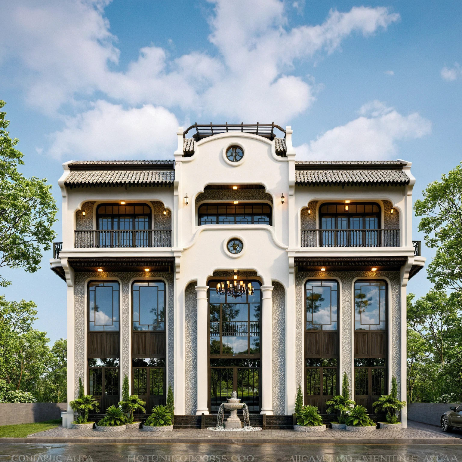 Raw photo,Masterpiece, high quality, best quality, authentic, super detail,
exterior, outdoors, house style indochine on the street ,aiaigroup
road,pavement, grass, trees, sky, cloud, (day:1.1)