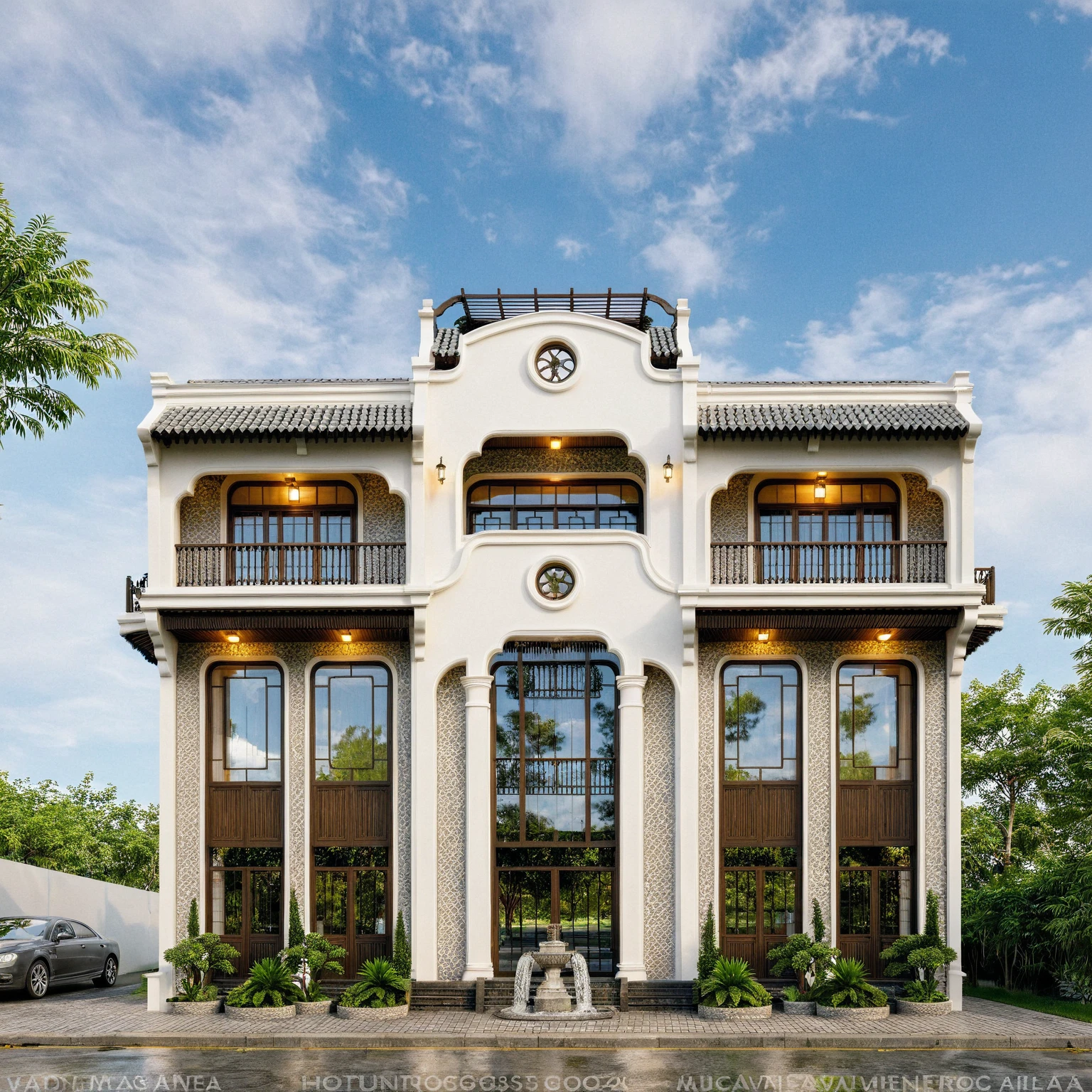 Raw photo,Masterpiece, high quality, best quality, authentic, super detail,
exterior, outdoors, house style indochine on the street ,aiaigroup
road,pavement, grass, trees, sky, cloud, (day:1.1)