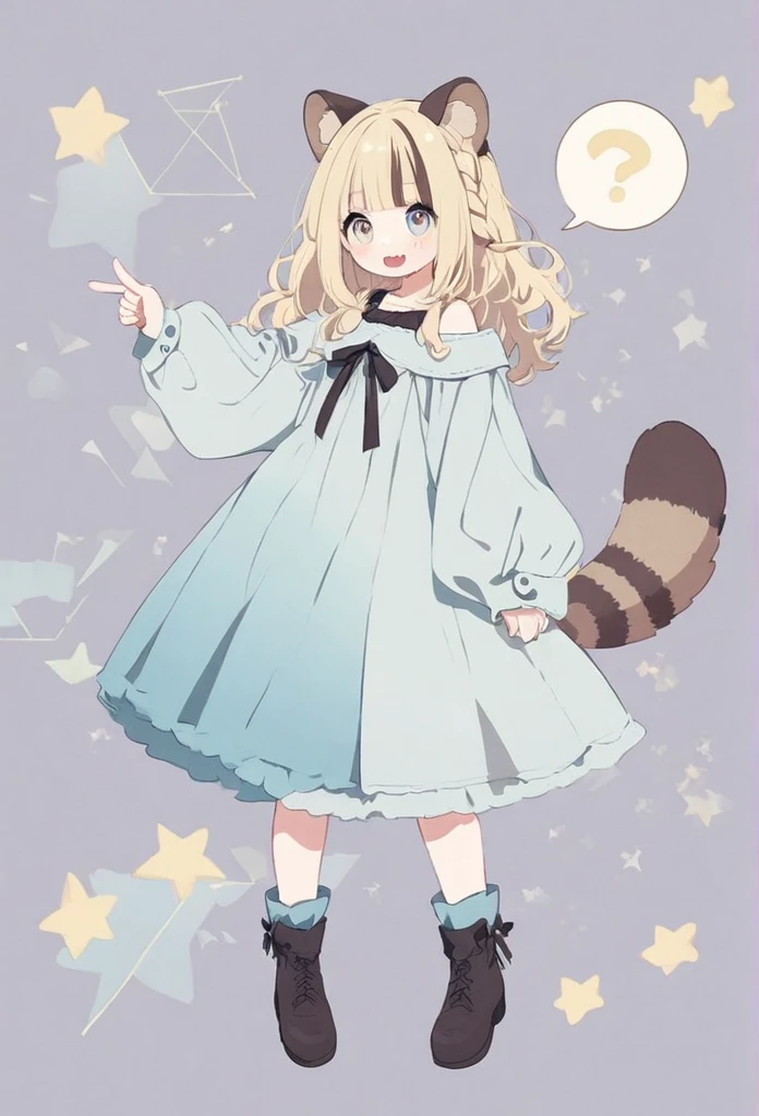 anime,(pale colors:1.8),long shot, 1girl, solo, (on right:1.3), full body, solo,question mark, pointing, fang, light yellow hair, racoon ears, racoon tail, (brown streaked hair:1.3), side braid, (blunt bangs), wavy hair,thick eyebrows, offshoulder clothes, star geometry background,