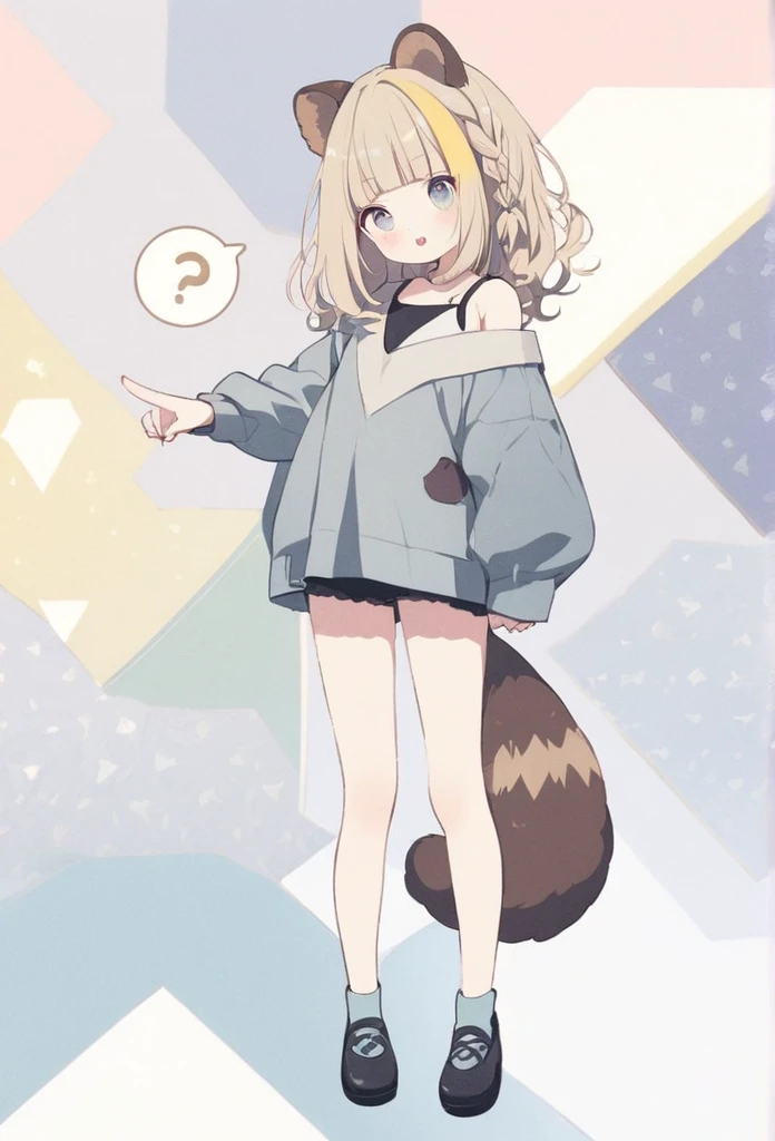 anime,(pale colors:1.8),long shot, 1girl, solo, (on right:1.3), full body, solo,question mark, pointing, fang, light yellow hair, racoon ears, racoon tail, (brown streaked hair:1.3), side braid, (blunt bangs), wavy hair,thick eyebrows, offshoulder clothes, star geometry background, 
