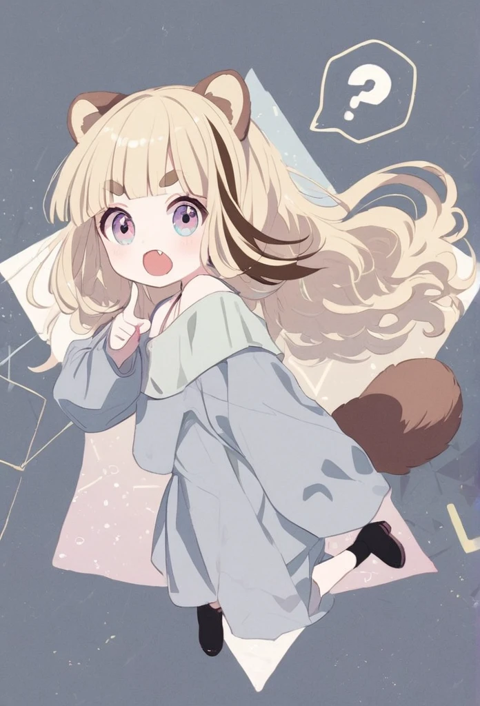 anime,(pale colors:1.8),long shot, 1girl, solo, (on right:1.3), full body, solo,question mark, pointing, fang, light yellow hair, racoon ears, racoon tail, (brown streaked hair:1.3), side braid, (blunt bangs), wavy hair,thick eyebrows, offshoulder clothes, star geometry background, 