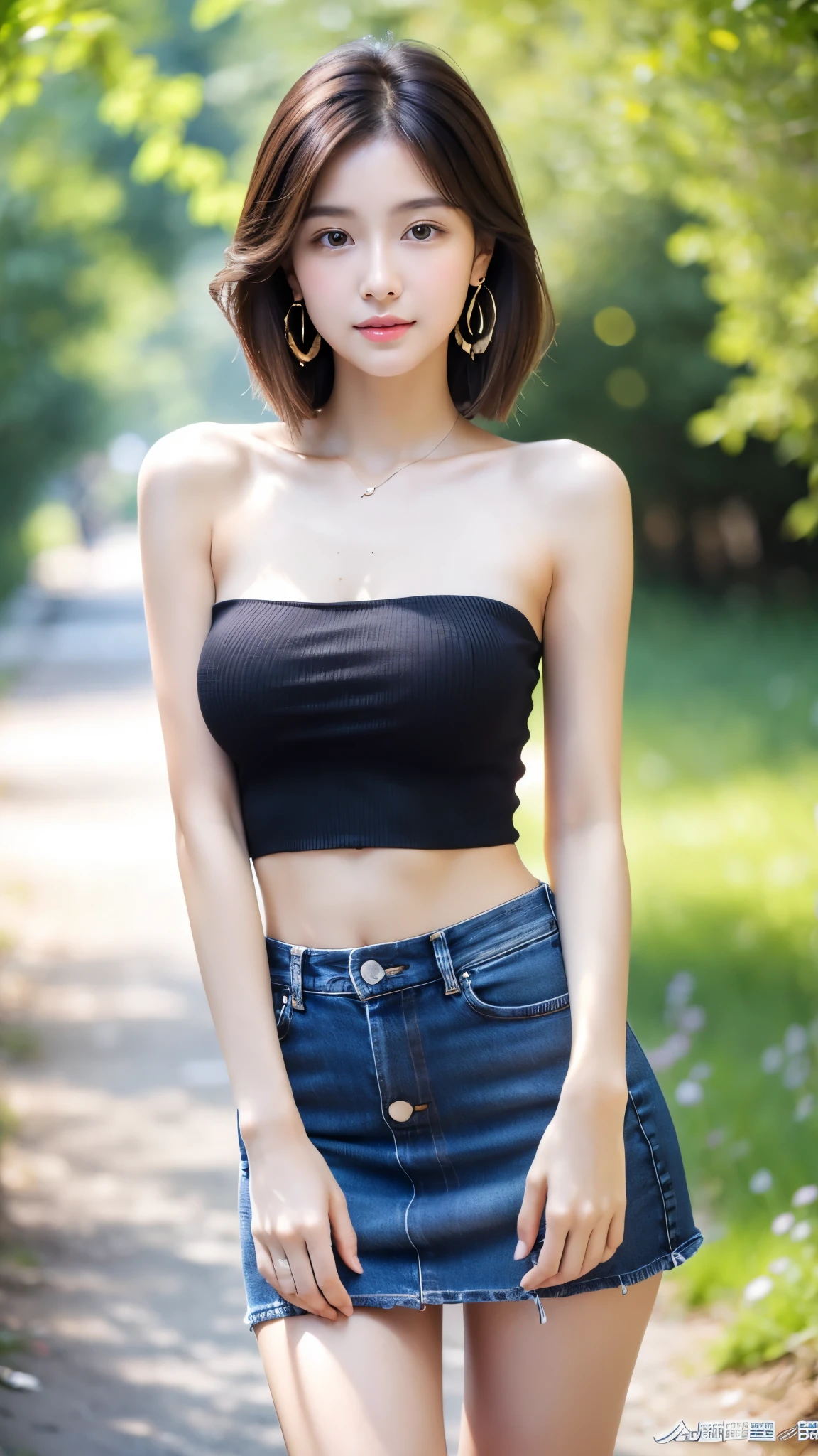 Ultra-clear resolution,Young girl,Shoulder-length hair,Light hair color,Earrings,Clear eyes,No makeup,Lip Gloss,Delicate face,Perfect face,Fair skin,Perfect breasts,Long and slender legs,black,Denim Mini Skirt,black高跟鞋,Empty outdoors