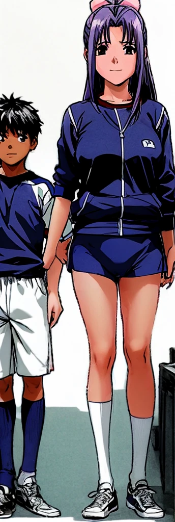 Momoko Koigakubo, a tall girl with beautiful legs, is standing there smiling in her white gym clothes and light navy blue bloomers that look like panties.。In front of Momoko, standing next to her, is a first grade boy wearing a tracksuit with a big smile on his face, and Momoko is holding him.。