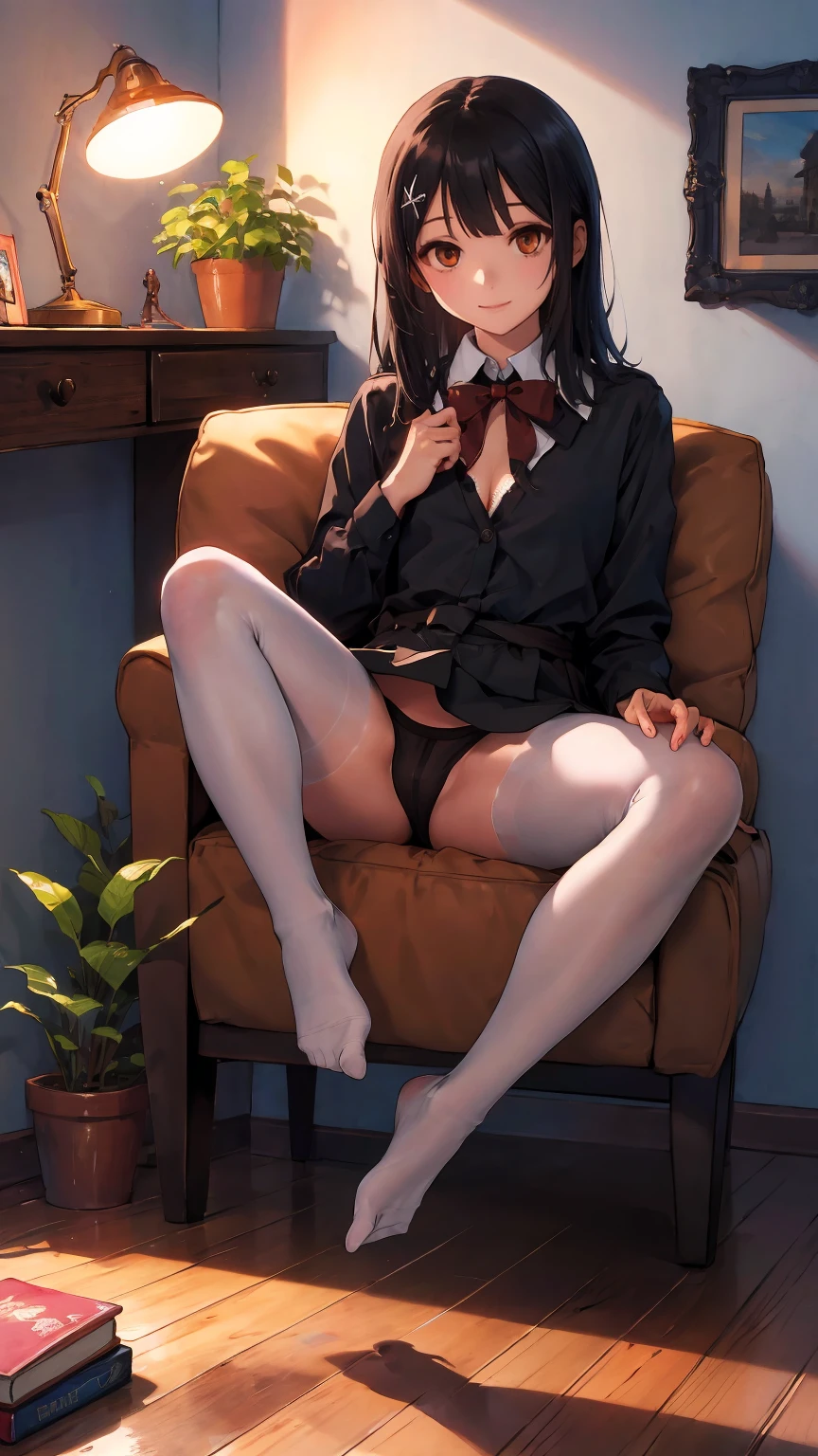 (cowboy shot:1.3),(best quality), ((masterpiece)), (highres), illustration, original, extremely detailed,dbj,1girl,(Miyu Edelfelt),,black hair,brown eyes,small chest,x hair ornament,solo,expressionless,book, pantyhose, long hair, shirt, no shoes, crossed legs, sitting, cat, plant, brown eyes, solo, underwear, indoors, bow, bookshelf, potted plant, bra, breasts, bowtie, white shirt, looking at viewer, black hair, black pantyhose, chair, smile, wooden floor, dress shirt, no pants, thighband pantyhose, armchair, lamp, long sleeves, sparkle,collared shirt, cleavage, bangs, small chest,couch,