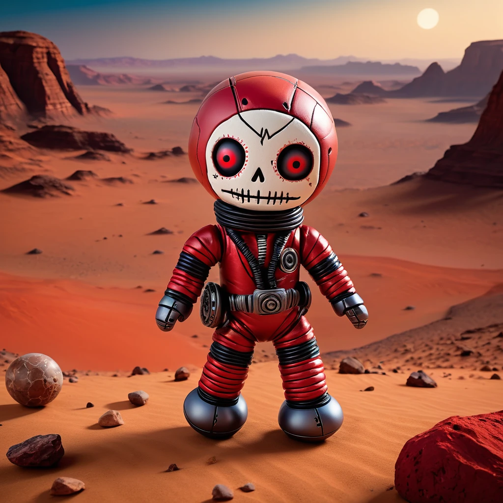 (knitted toy voodoo doll:1.5), (Voodoo Doll on a Martian Plateau:1.3), (Clothing: space explorer attire with Mars patterns:1.0), (Accessories: enchanted rover emitting red light, floating Martian rocks:1.1), (background: rugged Martian landscape with towering plateaus, red sands, and a hazy sky:1.2), best quality, masterpiece, detailed soft oil painting, detailed background, dramatic cinematic lighting, soft edge lighting, professional, dramatic lighting, hard edge lighting, ultra quality, 4k,masterpiece, best quality, 8k, ultra highres, highres, extremely detailed