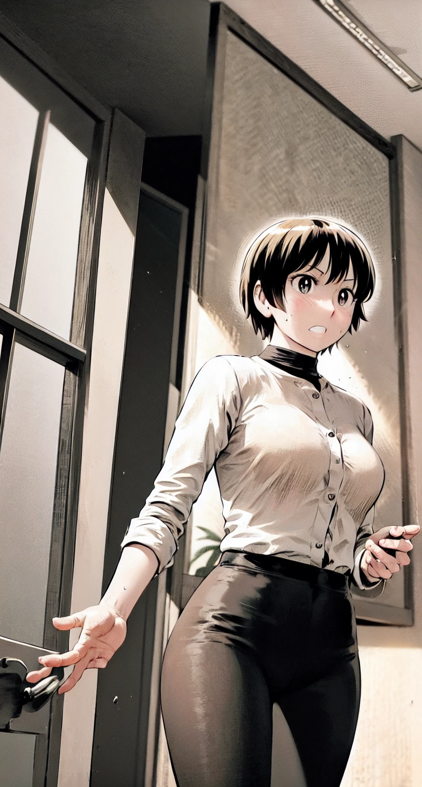 、(masterpiece、Highest quality)、Highest quality, Ultra-high resolution, (((masterpiece))), alone, Sweat、Big eyes,Tight black shirt、Tight white pants、belt、indoor、Composition from the front、(Cut the back hair short、short hair、blonde、woman)、Shortcuts、Embarrassed face、Cut your hair short、可愛いwomanの子、Big Breasts、office