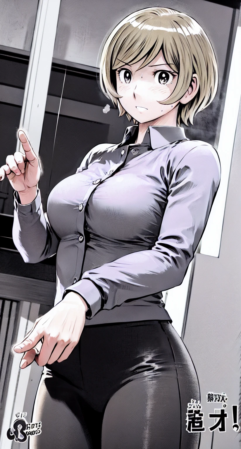 、(masterpiece、Highest quality)、Highest quality, Ultra-high resolution, (((masterpiece))), alone, Sweat、Big eyes,office、Tight white dress shirt、Tight black suit、Tight black pants、indoor、Composition from the front、(Cut the back hair short、short hair、blonde、woman)、Shortcuts、Embarrassed face、Cut your hair short、可愛いwomanの子、Big Breasts