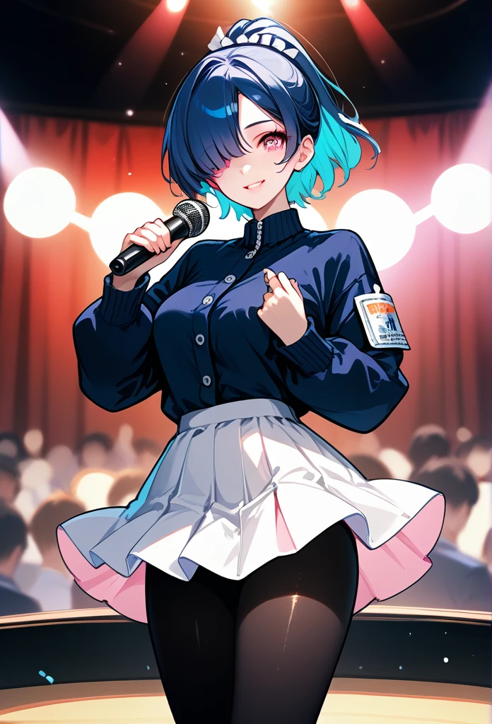 mature woman, mature face, pink eyes, shy expression, shy smile, glossy lips, ponytail hair, short ponytail, (blue hair color, pink gradient hair color, azure color hair), bangs covering left eye, left blinding bangs hairstyle, mature body, dark blue cardigan, short skirt, navy color skirt, pantyhose, idol, stage, holding microphone