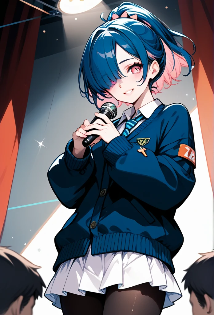 mature woman, mature face, pink eyes, shy expression, shy smile, glossy lips, ponytail hair, short ponytail, (blue hair color, pink gradient hair color, azure color hair), bangs covering left eye, left blinding bangs hairstyle, mature body, dark blue cardigan, short skirt, navy color skirt, pantyhose, idol, stage, holding microphone