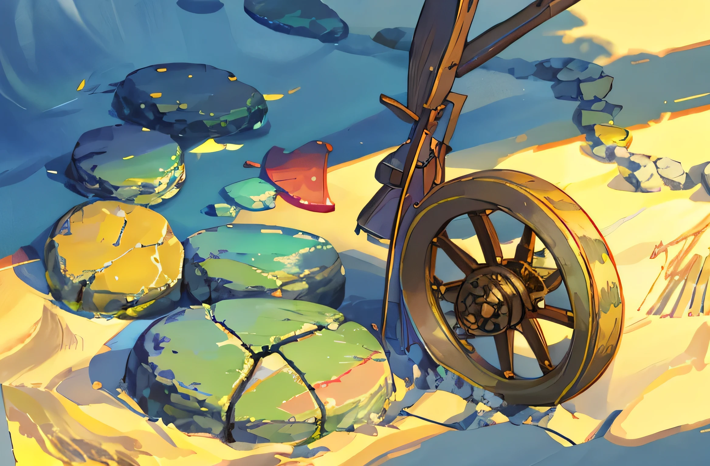 summer, A roulette board carved out of stone on the beach sand., A stone pulling wheel stuck into the ground at an angle, No shadows, Bright light all over the screen