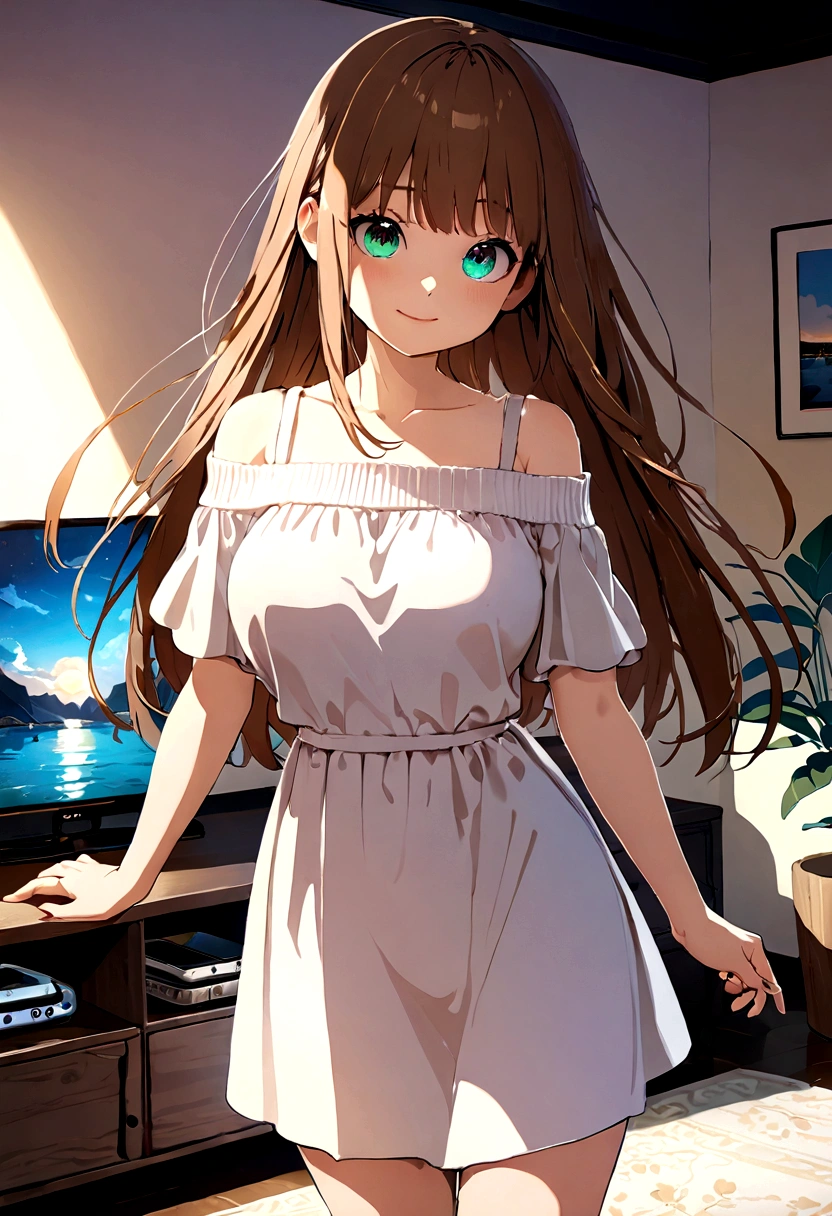 ((1girl)), super fine illustration, vibrant colors, absurdres extremely detailed CG, 8k wallpaper, (masterpiece:1.3), dynamic angle, dynamic pose,
best quality, depth of field, cinematic lighting, ultra detailed, brown long hair, very straight hair, large breast, white knit dress , 20yo, cute, kawaii, smile, droopy eyes, arms at sides, smartphone, modern living room, The screen of the smartphone in his hand is facing towards me