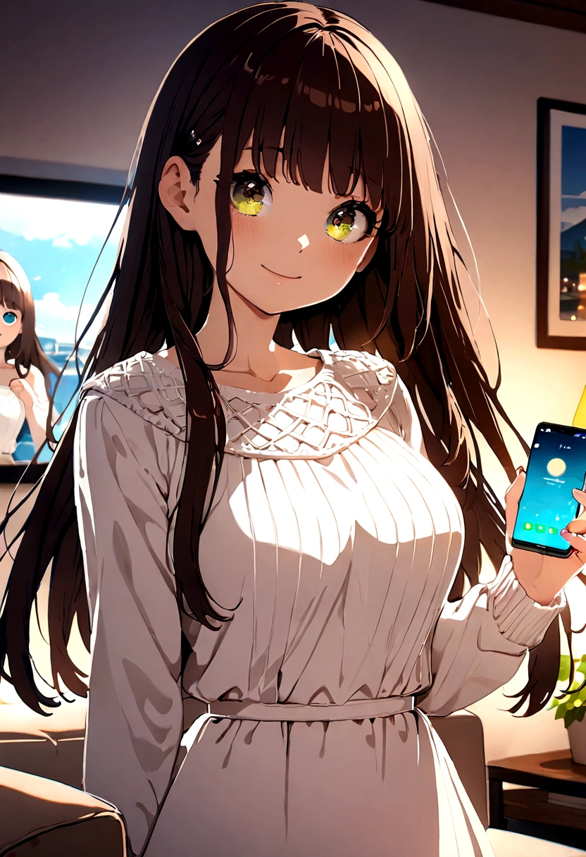 ((1girl)), super fine illustration, vibrant colors, absurdres extremely detailed CG, 8k wallpaper, (masterpiece:1.3), dynamic angle, dynamic pose,
best quality, depth of field, cinematic lighting, ultra detailed, brown long hair, very straight hair, large breast, white knit dress , 20yo, cute, very baby face, brown eyes, kawaii, smile, droopy eyes, arms at sides, smartphone, modern living room, peace fingers, The screen of the smartphone in his hand is facing towards me