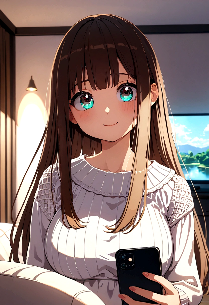 ((1girl)),  super fine illustration, vibrant colors, absurdres extremely detailed CG, 8k wallpaper, (masterpiece:1.3), dynamic angle, dynamic pose, 
best quality, depth of field, cinematic lighting, ultra detailed, brown long hair, very straight hair, large breast, white knit dress , 20yo, cute, very baby face, brown eyes, kawaii, smile, droopy eyes, arms at sides, smartphone, modern living room, peace fingers, The screen of the smartphone in his hand is facing towards me