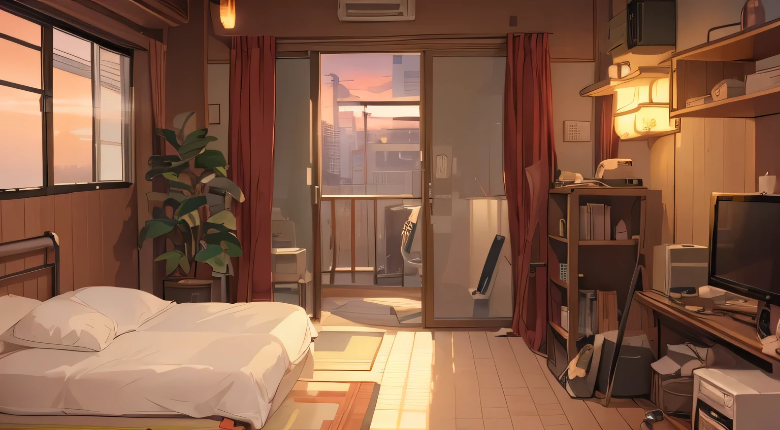anime style bedroom(With balcony and TV), anime background art, anime background, style of madhouse studio anime, anime movie background, anime scenerry, personal room background, anime aesthetics, Makoto Shinkai's style, anime scener, in Makoto Shinkai's style, tokyo anime scener, beautiful anime scener, bedroom background, in a Japanese apartment、((evening))