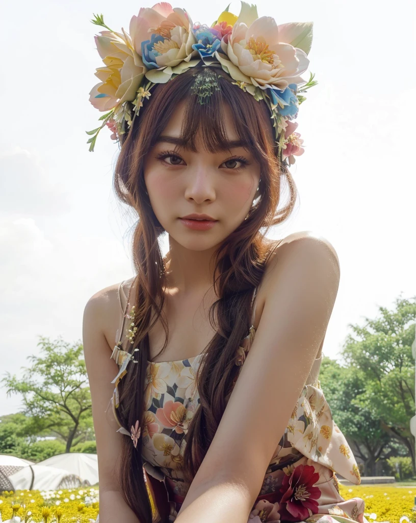 araffe with a flower crown on her head sitting on a bench, fairycore, belle delphine, flower crown, lotus floral crown girl, floral crown, portrait of japanese gyaru, floral headdress, wearing a floral crown, she has a crown of flowers, sakimichan, the flower crown, captured on canon eos r 6, flower, seulgi red velvet, seulgi 
