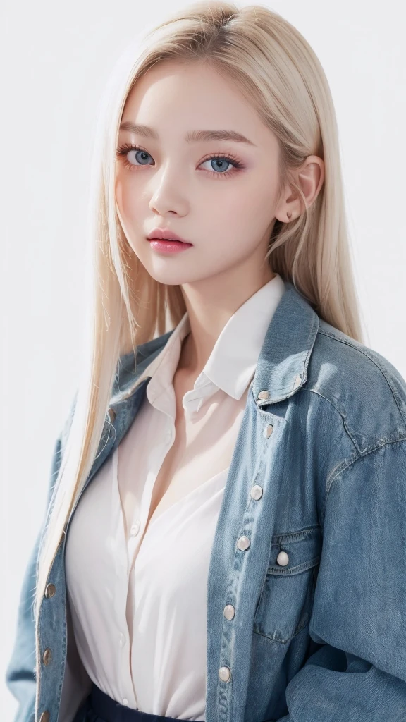 (((Dress shirt、Jacket、high school girl、mini skirt、White background)))、forehead、Northern Europe、Russia、beautiful girl、Platinum Blonde Hair、Straight long hair、Hitting the face and front of the eyes、Big blue eyes、Sheer white and wet nightgown、Northern Europeの若者、Perfect body、White tendons、Glowing Skin、Young and beautiful skin、A perfect and beautiful little face、Bright makeup、Pale pink lips、Bright expression、16-year-old girl、lipstick、Deceptive advertising、Viewer&#39;s vision、Golden Hour Lighting、Bokeh Atmosphere Perspective、detailed、Movie Light、複雑なdetailed、High resolution、 フェイスデザインのdetailedな特徴、Attention to detail、Clear focus、Smoothness、aesthetics、Printed、Octane、{{masterpiece}}