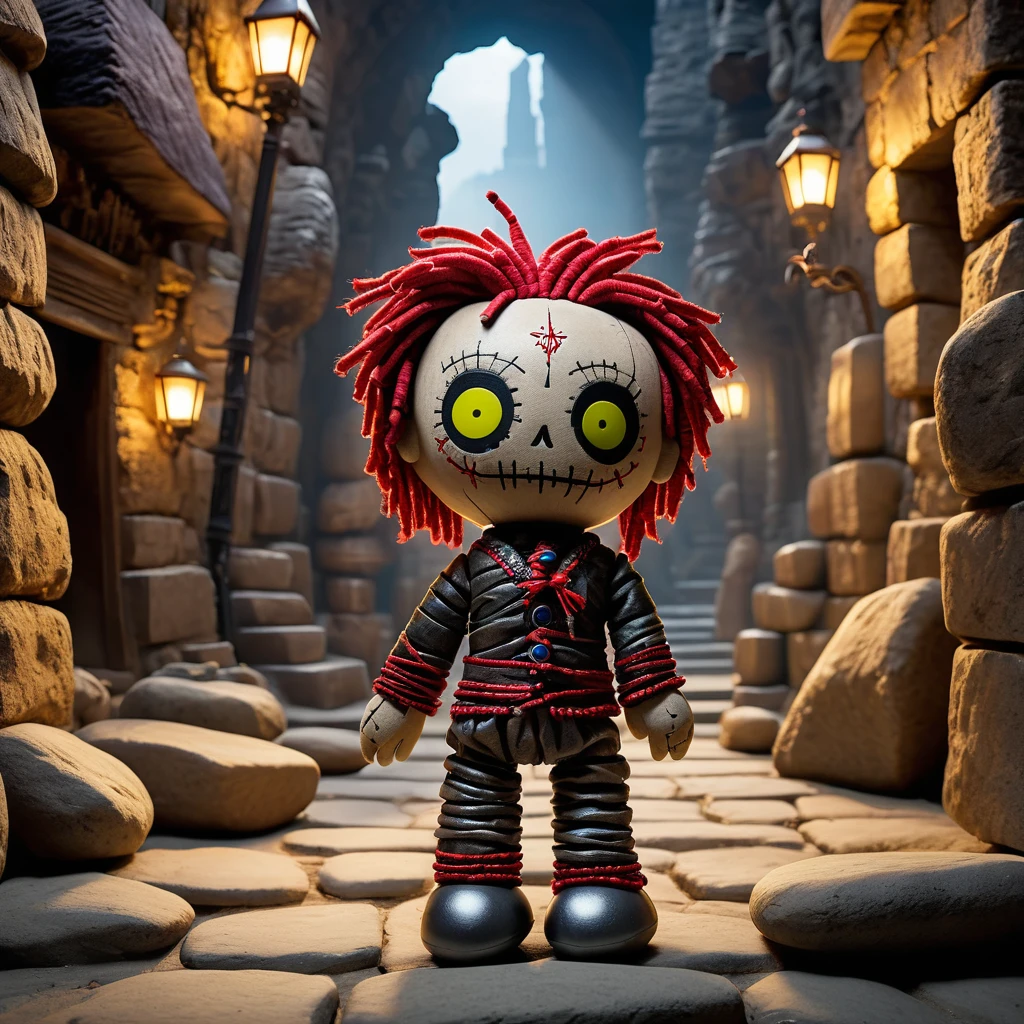 (knitted toy voodoo doll:1.5), (Voodoo Doll in a City of Stones:1.3), (Clothing: stonemason attire with rock patterns:1.0), (Accessories: enchanted chisel emitting silver light, floating stone carvings:1.1), (background: ancient stone city with intricate carvings, towering statues, and rocky pathways:1.2), best quality, masterpiece, detailed soft oil painting, detailed background, dramatic cinematic lighting, soft edge lighting, professional, dramatic lighting, hard edge lighting, ultra quality, 4k,masterpiece, best quality, 8k, ultra highres, highres, extremely detailed