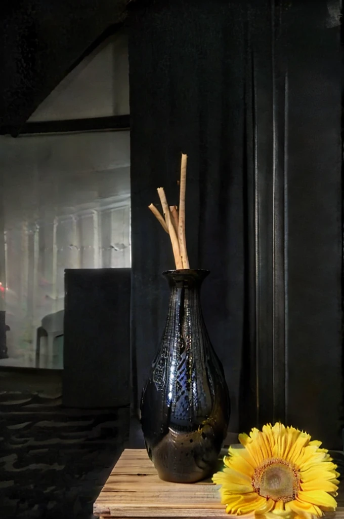 There is a vase on the table,There is a black flower,Background black room