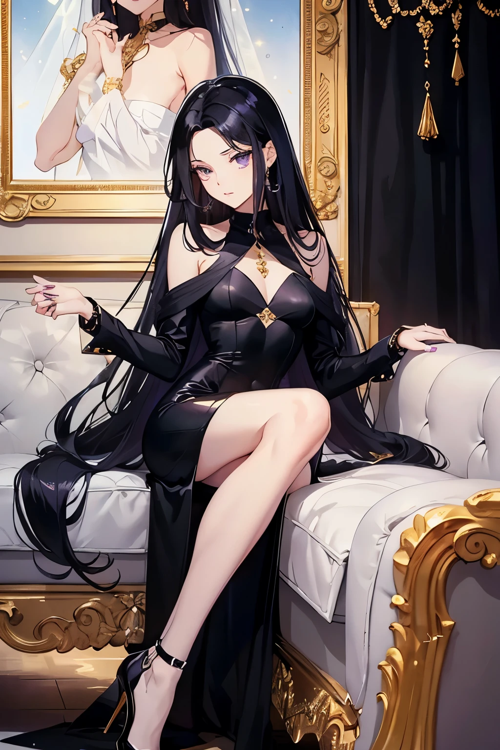 Realistic manhwa poster in minimalist oil painting. A girl, beautiful, Skinny body, long black hair with curls, violet eyes with golden sparkles, abundant eyelashes, long black nails, wear a wedding ring with a black diamond. Wear a black dress, wear high heels, wear gold jewelry with black diamonds, sitting on a couch, perfect anatomy