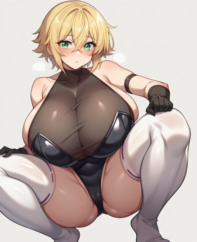 (One girl)、((short hair))、((Blonde))、(Sato Air)、(boyish)、gigantic breasts、(plump)、(Big thighs)、green eyes、Black leotard、White sleeveless、Princess Knight、((hairs between eyes))、((thigh-high socks thighhighs))、(long gloves)、say、((see-through))、Erotic squatting