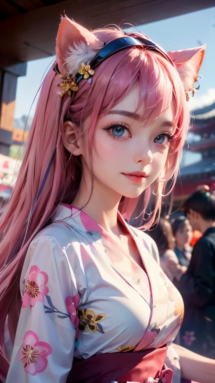 ((Highest quality)), ((masterpiece)), (detailed), 8K, High Resolution,One girl, Pink Hair, Perfect Eyes, Goddess of Athena, I'm praying, Hands together, (have confidence:1.6), (Facing forward:1.5), (Be confident:1.5), japanese festival on background, smile, pink floral yukata, Cat ear, (Angel's wing:1.2), big eyes, (The body also faces forward:1.5),