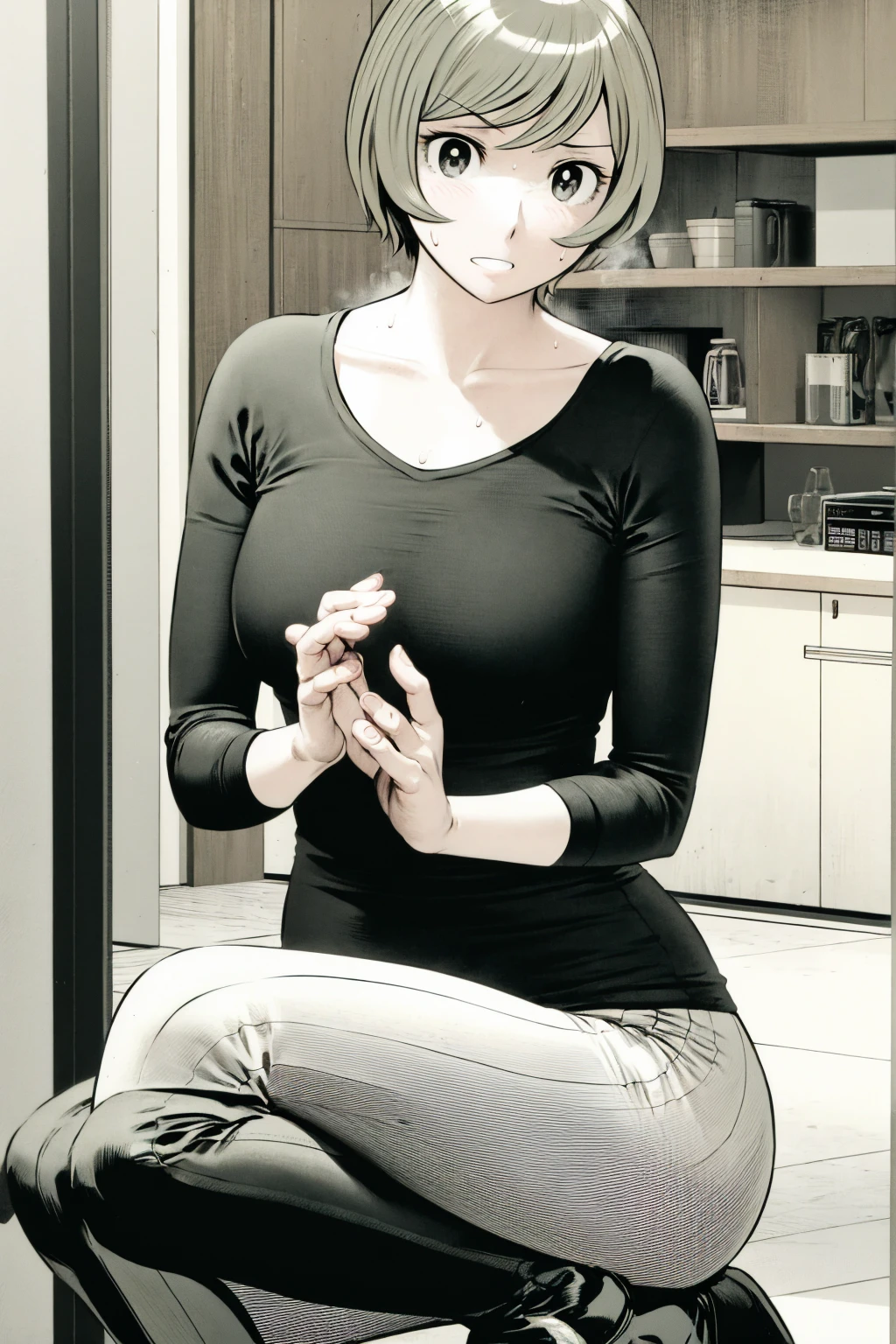 、(masterpiece、Highest quality)、Highest quality, Ultra-high resolution, (((masterpiece))), alone, Sweat、Big eyes,office、Tight white dress shirt、Tight black suit、Tight black pants、indoor、Composition from the front、(Cut the back hair short、short hair、blonde、woman)、Shortcuts、Embarrassed face、Cut your hair short、可愛いwomanの子、Big Breasts、Sit on a chair、Face to face、Composition from the front、View your viewers