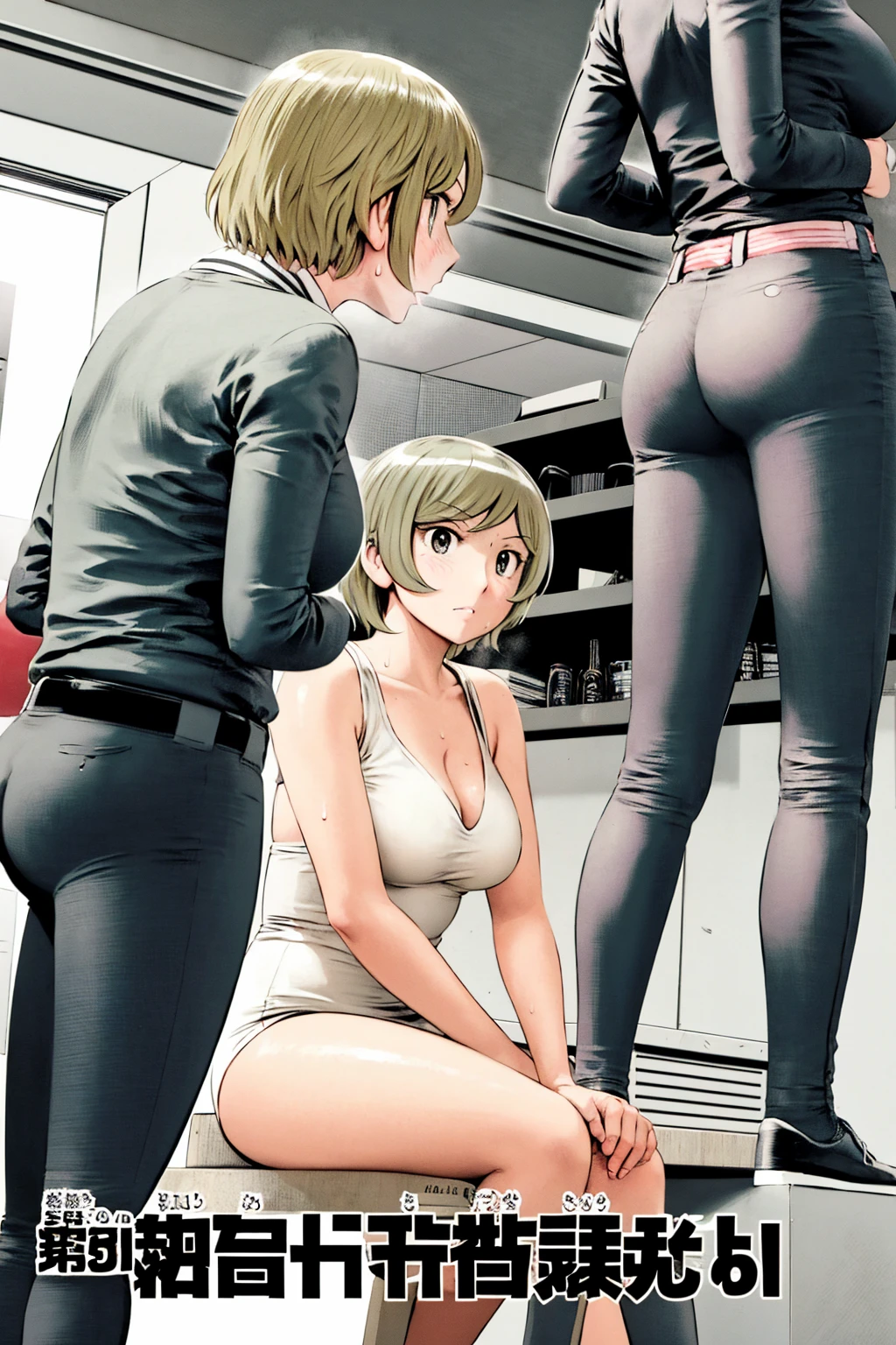 、(masterpiece、Highest quality)、Highest quality, Ultra-high resolution, (((masterpiece))), alone, Sweat、Big eyes,office、Tight white dress shirt、Tight black suit、Tight black pants、indoor、Composition from the front、(Cut the back hair short、short hair、blonde、woman)、Shortcuts、Embarrassed face、Cut your hair short、可愛いwomanの子、Big Breasts、Sit on a chair、Face to face、Composition from the front、View your viewers